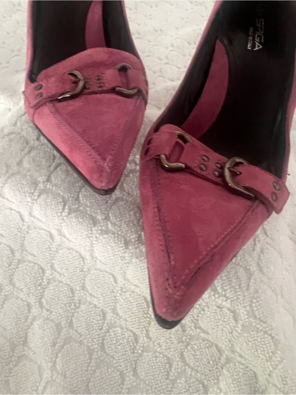 Via Spiga Rose-Pink Suede Pointed-Toe Heels with Buckle Detail